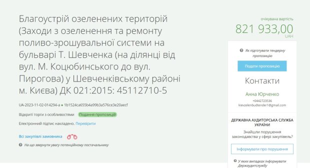 Тендер на озеленення. Фото скріншот з Prozorro