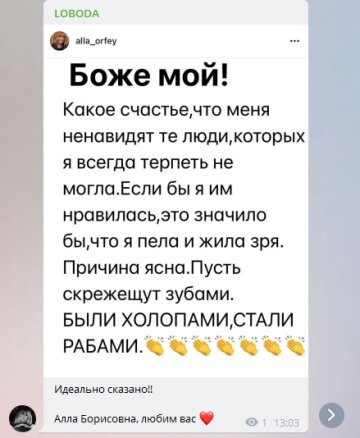 Скріншот із Telegram, Світлана Лобода