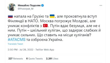 Публікація Михайла Подоляка. Фото: скрін twitter