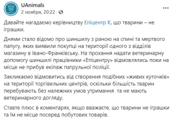 В одном из гипермаркетов Франковска нашли раненных животных, фото: Facebook UAnimals