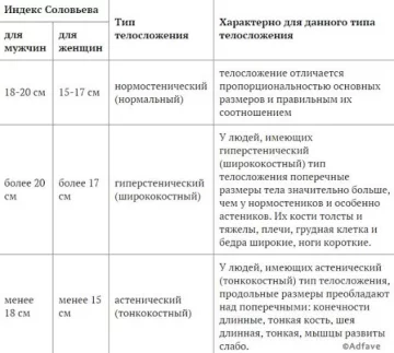 Типи тіла по індексу Соловйова