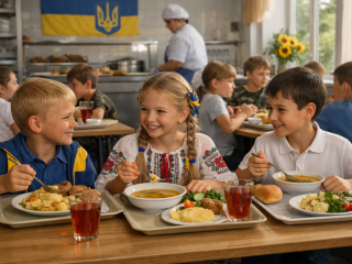 Школьники за обедом в школьной столовой