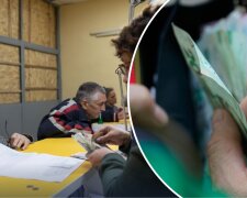 Пенсіонерка отримує пенсію, гроші в руках