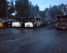 Жахлива пожежа на Київщині перетворила десяток автобусів на купу попелу: фото