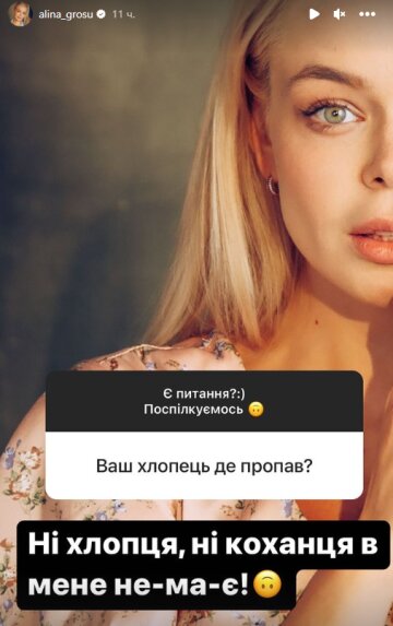 Stories Аліни Гросу, скріншот: Instagram