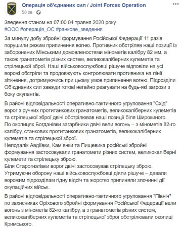 Ситуация на Донбассе скриншот: ООС / Facebook