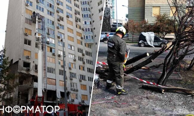 Спасатели обследуют дом на Дарнице после ракетного удара