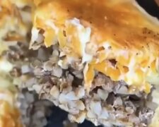 Гречка з м'ясом під шубою з овочів та сиру: фото скрін рецепту