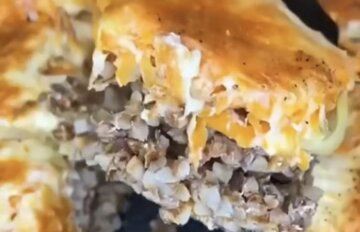Гречка с мясом под шубой из овощей и сыра: фото скрин рецепта
