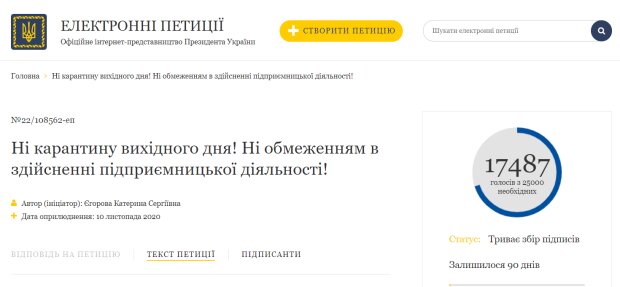 Петиція про скасування карантину вихідного дня, фото: petition.president.gov.ua