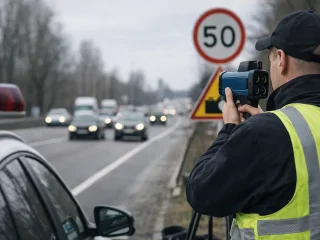 Патрульний поліцейський використовує радар TruCAM для вимірювання швидкості автомобілів