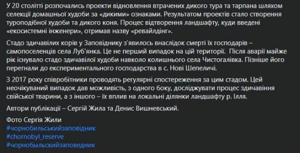 Публікація Чорнобильського заповідника, скріншот: Facebook