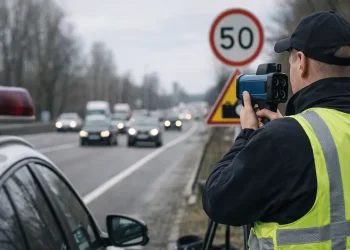 Патрульный полицейский использует радар TruCAM для измерения скорости автомобилей