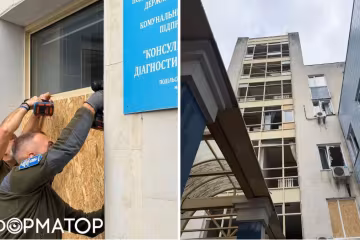 Закрытие выбитых окон на Печерске