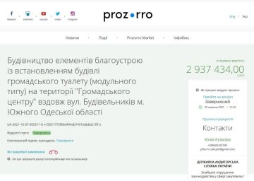 Зеркальный туалет под Одессой, скриншот: prozorro