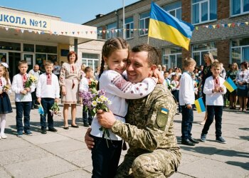 військовий батько обіймає доньку останній дзвоник школа