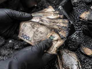 Пошкоджені та обгорілі гривневі банкноти