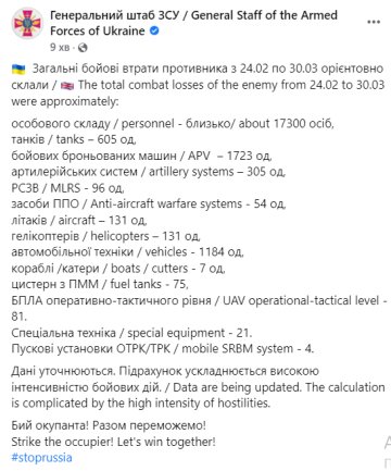 Отчет Генштаба на 30 марта, facebook.com/GeneralStaff.ua