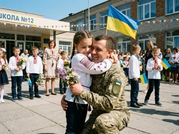 військовий батько обіймає доньку останній дзвоник школа