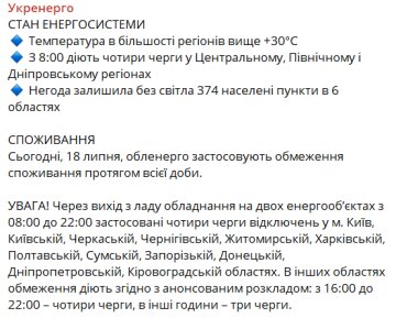 Публікація "Укренерго", скріншот: Telegram