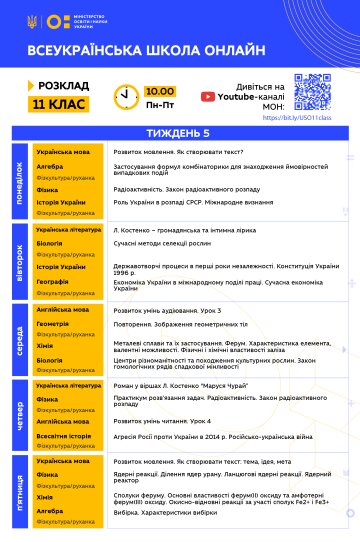 Розклад для 11 класу 5 тиждень школи онлайн МОН