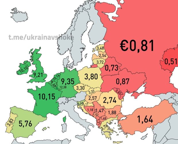 Мінімальна зарплата в країнах Європи за годину, Інфографіка: Telegram-канал "Украина в шоке""