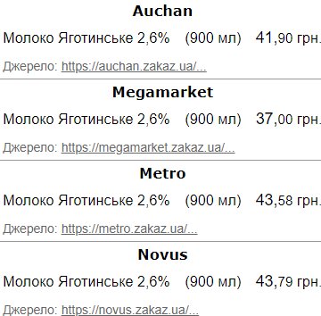 Ціни на молоко "Яготинське" 2,6%