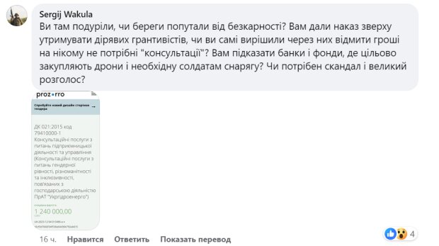 Comentario sobre la licitación de Ukrhidroenergo, foto: captura de pantalla de Facebook