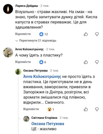 Комментарии к сообщению Марины Ивановой о еде в школе: фото Facebook