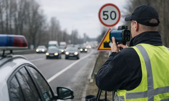 Патрульный полицейский использует радар TruCAM для измерения скорости автомобилей
