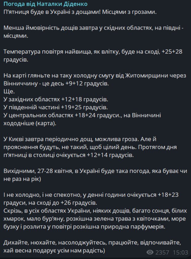 Погода от Наталки Диденко, скриншот: Telegram