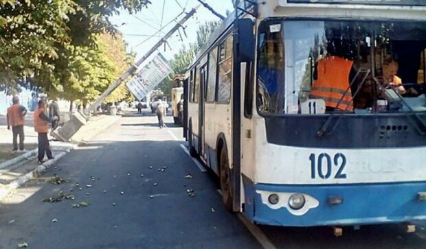 В центре Мариуполя столб упал на троллейбус (фото)