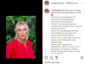 Пост Ирины Федышин. Фото: скриншот Instagram