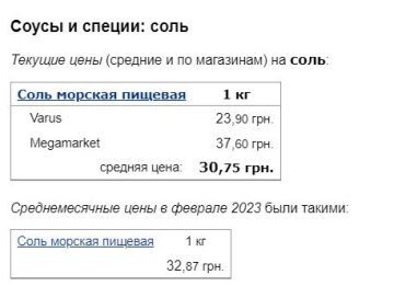 Цены на соль, скриншот: Minfin