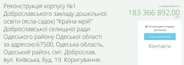 Тендер на реконструкцію дитсадка / фото: скриншот Prozorro