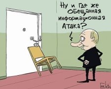 Путин убегает от информационной атаки: карикатуры от Елкина (фото) 