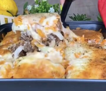 Гречка с мясом под шубой из овощей и сыра: фото скрин рецепта