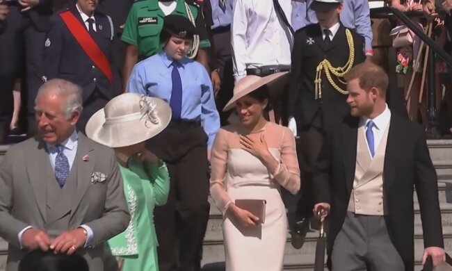 Король Чарльз III, королева-консорт Камілла, Меган Маркл та принц Гаррі, кадр з відео
