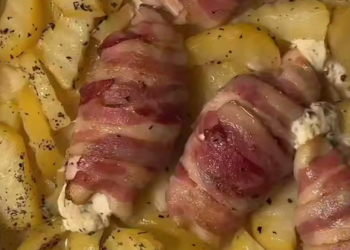 Куриные рулетики в беконе с запечённым картофелем, кадр из видео