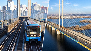 Потяг зеленої гілки метро на Південному мосту в Києві