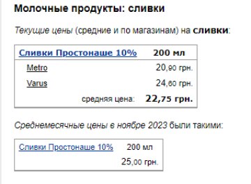 Ціни на вершки. Фото: скрін Мінфін