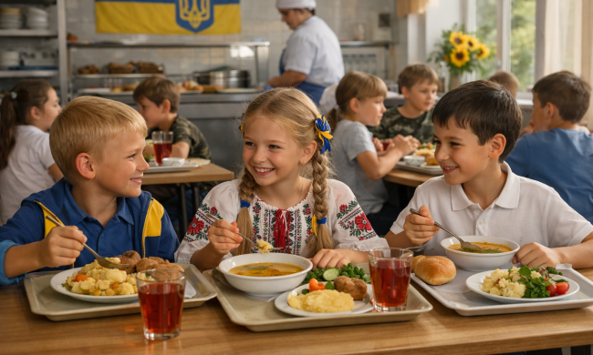 Школьники за обедом в школьной столовой