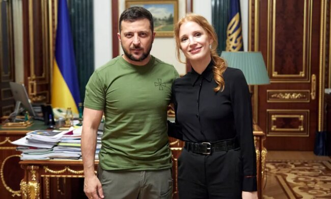 Джессіка Честейн та Володимир Зеленський, фото: пресслужба ОП