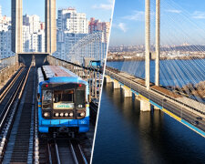Поезд зеленой ветки метро на Южном мосту в Киеве