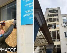 Закрытие выбитых окон на Печерске