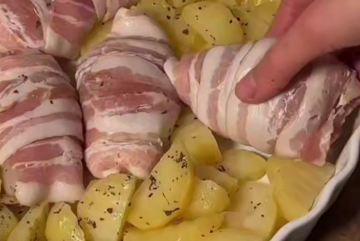 Куриные рулетики в беконе с запечённым картофелем, кадр из видео