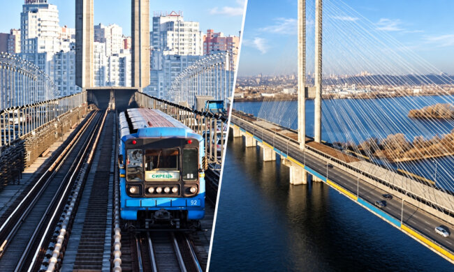 Потяг зеленої гілки метро на Південному мосту в Києві