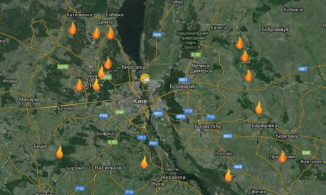 Появилась карта пожаров вокруг Киева