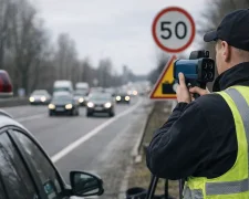 Патрульный полицейский использует радар TruCAM для измерения скорости автомобилей