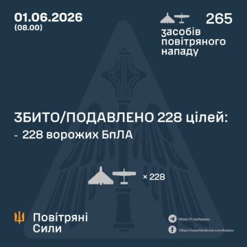 Українська ППО знищила 228 з 265 ударних дронів